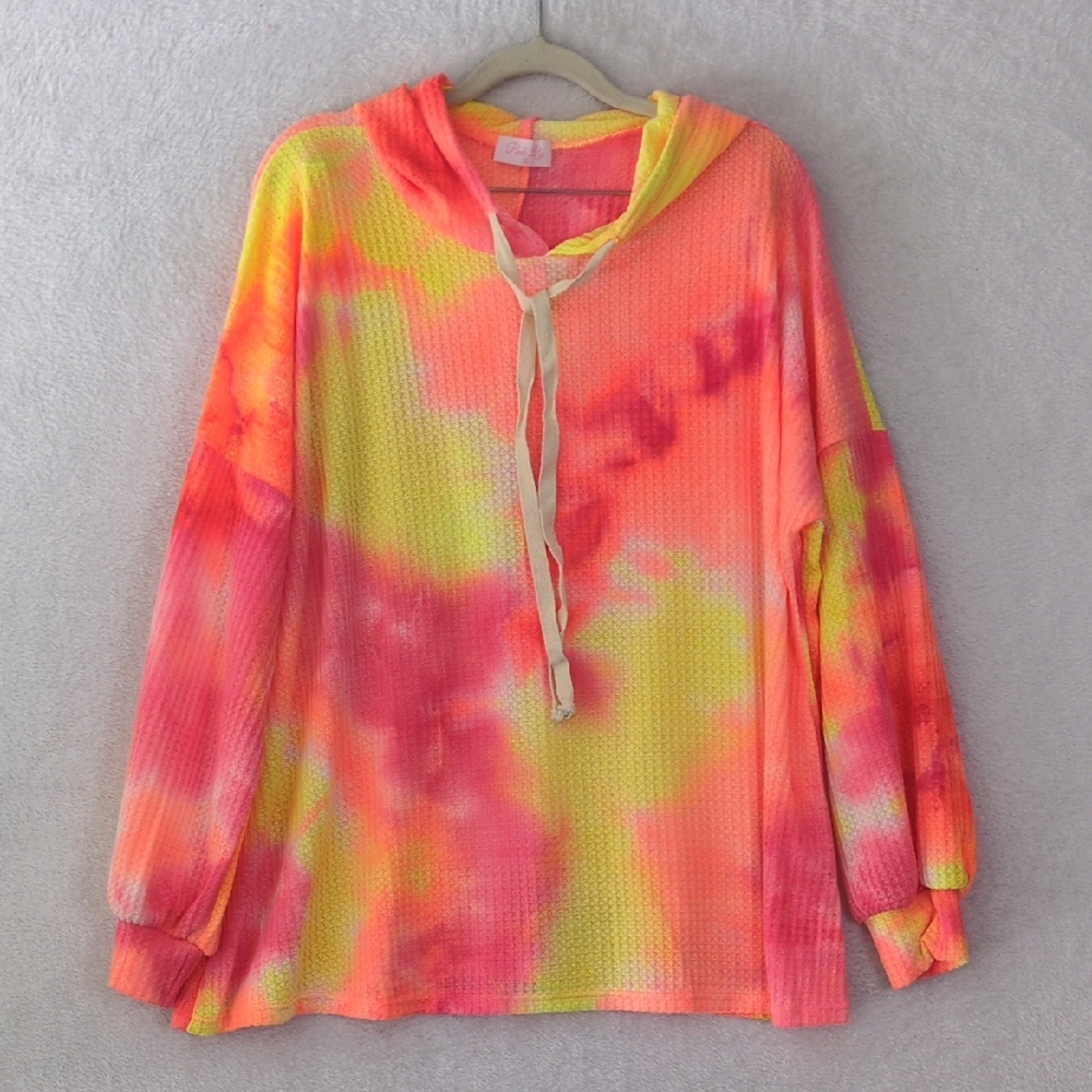 Pink Lily Womens Neon Tie Dye Knit Hoodied Long Sleeve Oversized‎ Shirt Size S